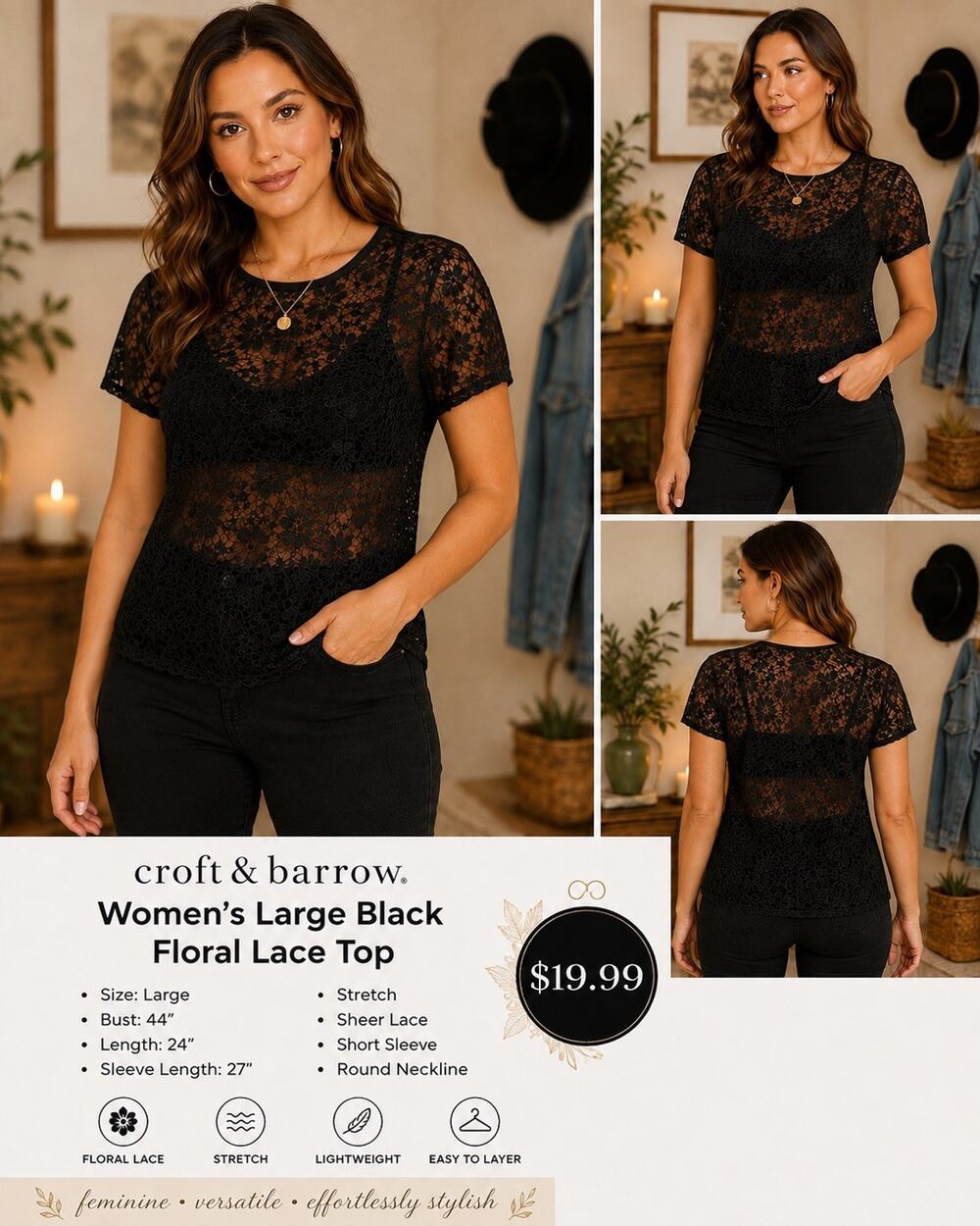 Croft & Barrow Women’s Sheer Stretch Lace Floral Round Neck Top L Black goth EUC